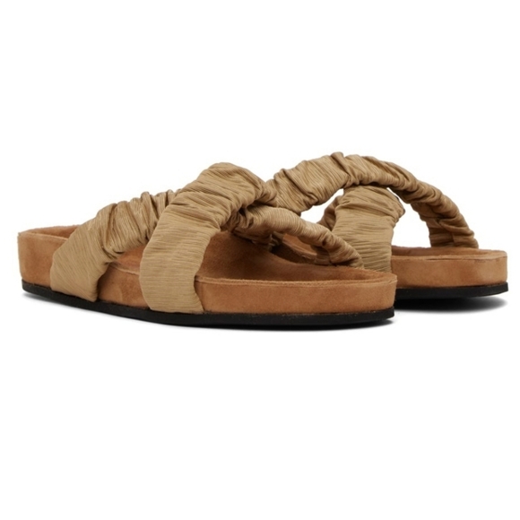 NWB STAUD Tan Ruching Criss Crossing Straps Women's Slip On Sandals Size 38 - Picture 1 of 9
